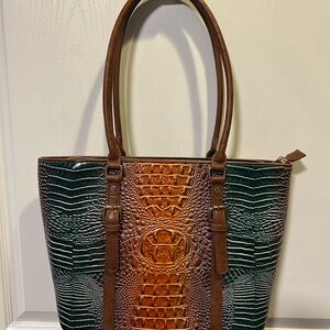 Elegant Brown and Teal Crocodile-Embossed Tote Bag